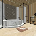 Modern SPA Sauna Interior Design With Marble Bathtub Wooden Walls And Slippers