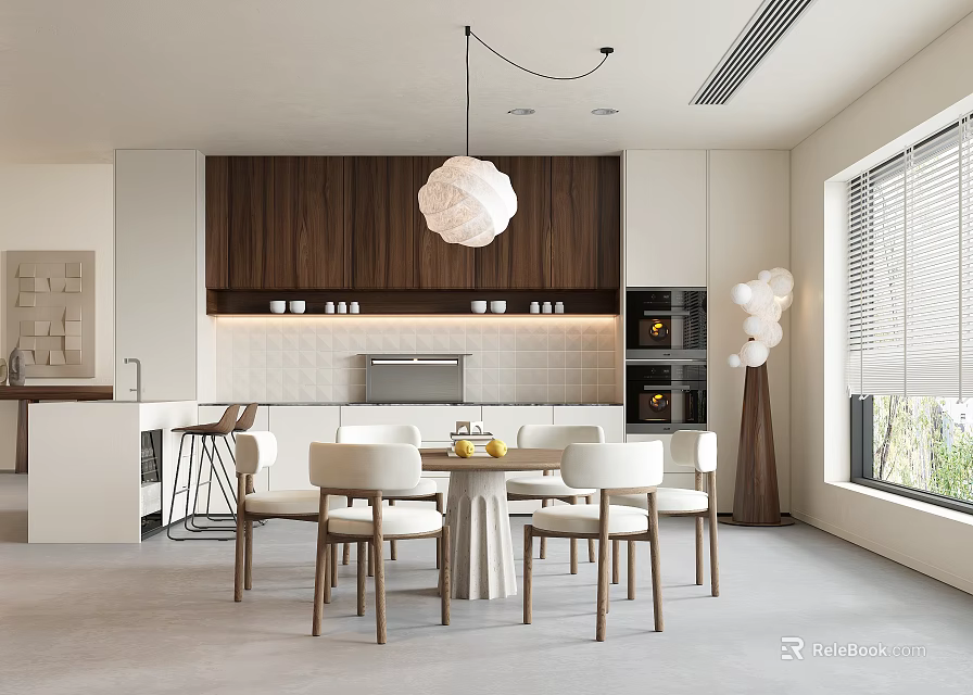 Modern Restaurant Interior With Dining Table Chairs Pendant Light And Wooden Cabinets 3d model 