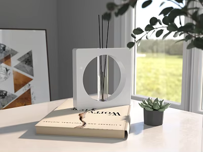 Elegant Reed Diffuser Aromatherapy Product On Book For Modern Home Decor With Green Plant 3d model