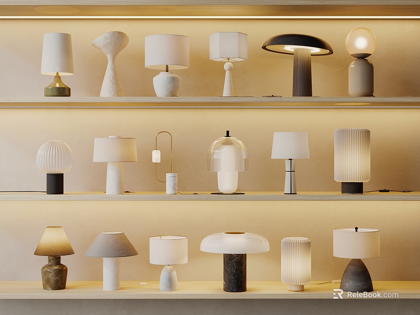 Various Stylish Table Lamps With Different Designs And Shapes Displayed On Shelves 3d model 