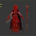 Fantasy Female Mage Character With Golden Hair Red Blue Armor Black Cape And Creature Themed Staff
