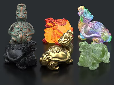 Colorful Traditional Mythical Creature Sculptures With Intricate Carvings And Detailed Designs 3d model