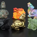 Colorful Traditional Mythical Creature Sculptures With Intricate Carvings And Detailed Designs