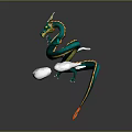 Green Dragon With Yellow Horns And Green Body Surrounded By Clouds And Orange Flame Tail