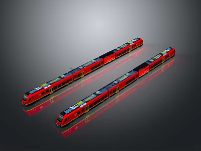 Two Red Modern Sleek Trains With Yellow Stripes On Black Glossy Background 3d model