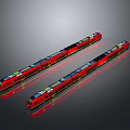 Two Red Modern Sleek Trains With Yellow Stripes On Black Glossy Background