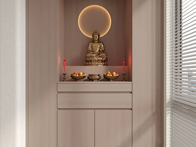 Modern Buddhist Shrine Cabinet With Buddha Statue Circular Halo Candles Fruits And Incense Burner 3d model