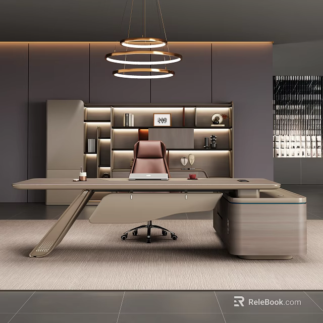 Modern Study Room Interior With Wooden Desk Pink Leather Chair Bookshelves Books Decorations Pendant Lights 3d model 