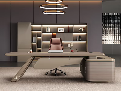 Modern Study Room Interior With Wooden Desk Pink Leather Chair Bookshelves Books Decorations Pendant Lights 3d model