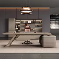 Modern Study Room Interior With Wooden Desk Pink Leather Chair Bookshelves Books Decorations Pendant Lights