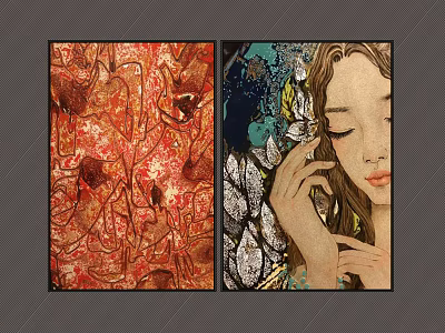 Two Art Paintings Featuring Red Branch with Birds and Female Portrait with Leaves 3d model