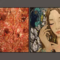 Two Art Paintings Featuring Red Branch with Birds and Female Portrait with Leaves