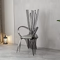Modern Silver Metal Single Chair With Stylish Backrest In Indoor Space Near Plant And Lamp