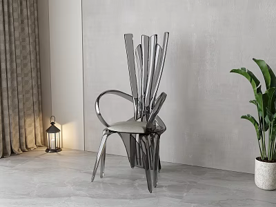 Modern Silver Metal Single Chair With Stylish Backrest In Indoor Space Near Plant And Lamp 3d model