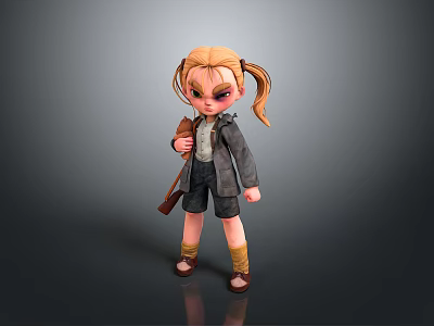 3D Character Woman With Blonde Pigtails Gray Jacket White Shirt Shorts Holding Rifle And Brown Boots 3d model