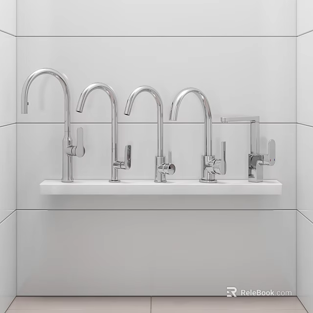 Four Silver Modern Faucets Mounted on White Tiled Wall Countertop Surface 3d model