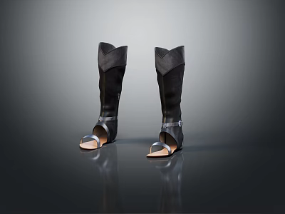 Women's Black Leather High Boots With Open Toe And Side Straps Fashion Design 3d model
