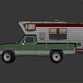 Green Pickup Truck With Pop Up Camper Trailer Red And White Stripes On Exterior