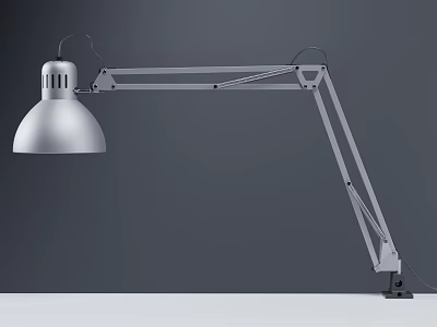 Modern Silver Desk Lamp With Adjustable Long Arm Round Lampshade And Stable Base 3d model