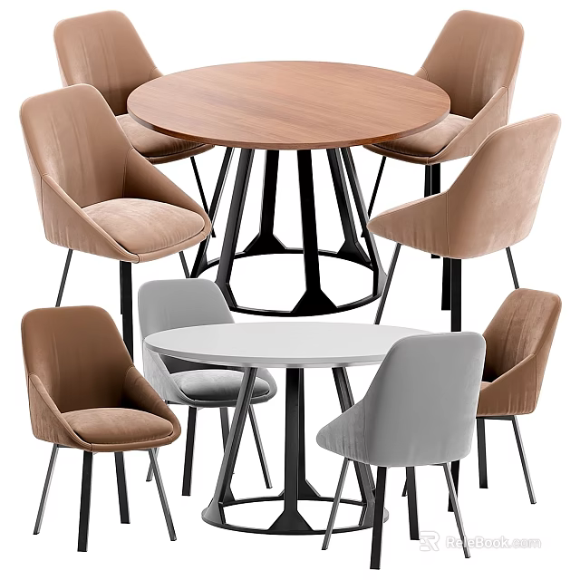 Modern Round Wooden Table And Upholstered Chairs Set With Metal Legs And Multi Color Design 3d model 