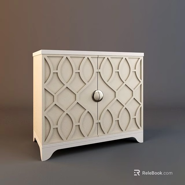 Ivory Bedside Table With Double Doors Symmetric Geometric Pattern And Round Knob 3d model