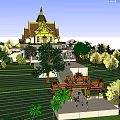 Traditional Thai Architecture With Golden Spires And Ornate Roofs Surrounded By Lush Green Lawns And Trees