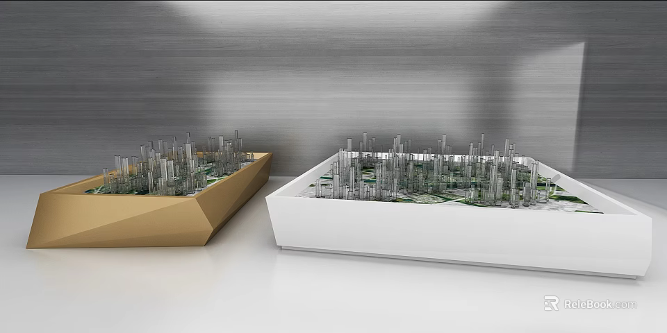 Modern Commercial Equipment Display Stands With Transparent Pillars In Gold And White 3d model 