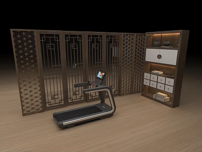 Wooden Storage Cabinet With Intricate Carved Design And Screen Near Treadmill In Modern Room 3d model