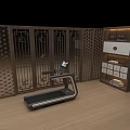 Wooden Storage Cabinet With Intricate Carved Design And Screen Near Treadmill In Modern Room