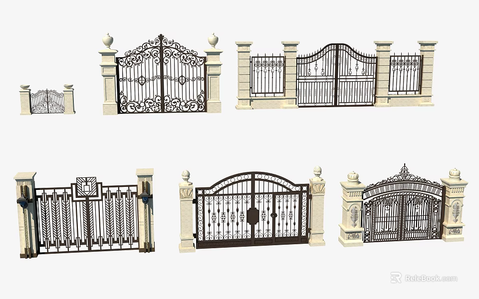 Ornate Wrought Iron Entry Gates Featuring Decorative Patterns And Pillar Supports 3d model 