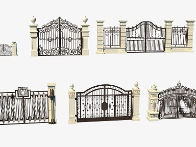 Ornate Wrought Iron Entry Gates Featuring Decorative Patterns And Pillar Supports 3d model