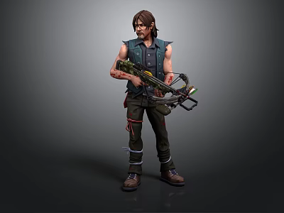 Male Warrior Character In Tactical Gear Holding Modified Crossbow With Arm Markings 3d model