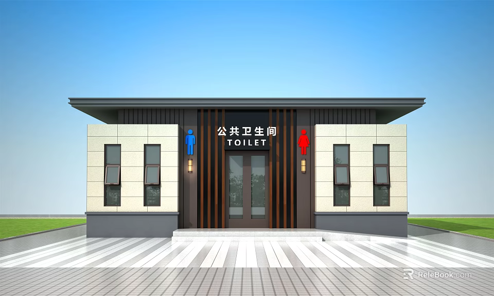 Modern Public Toilet Building Design With Entrance Signs And Ceramic Walls 3d model 