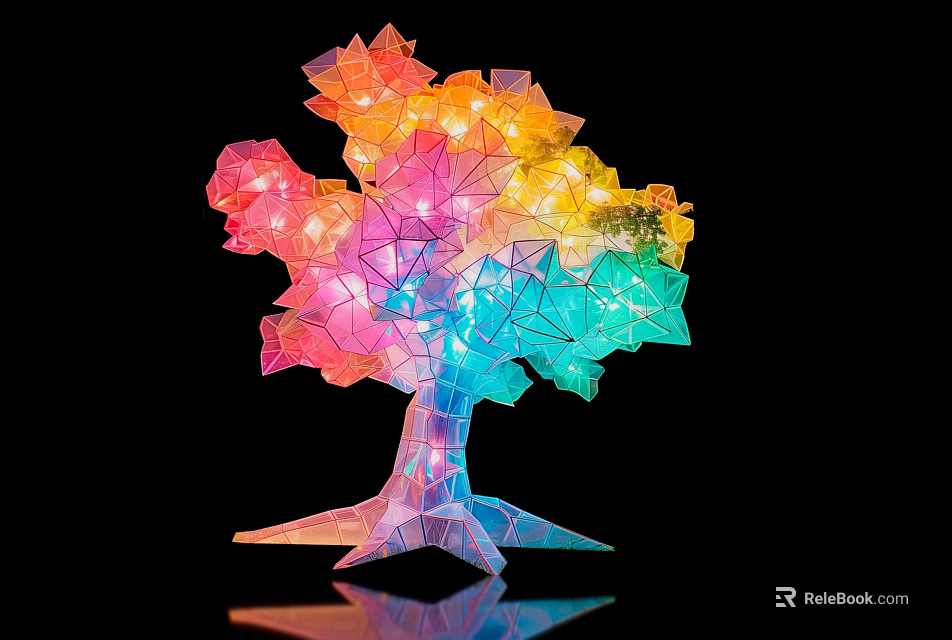 Colorful Tree Shaped Landscape Sculpture With Illuminated Geometric Design And Reflective Base 3d model 