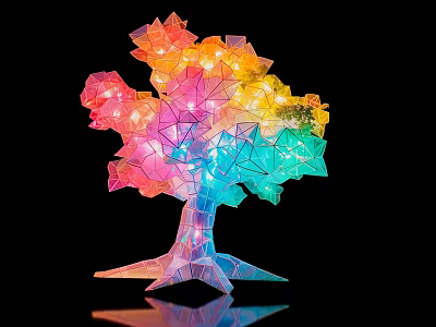 Colorful Tree Shaped Landscape Sculpture With Illuminated Geometric Design And Reflective Base 3d model