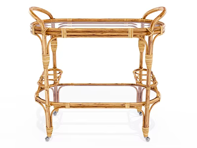 Elegant Wicker Serving Trolley With Glass Shelves And Rolling Wheels Design 3d model