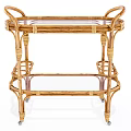 Elegant Wicker Serving Trolley With Glass Shelves And Rolling Wheels Design
