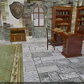 Traditional Study Interior With Arched Windows Shield Decoration Wooden Bookshelves And Writing Desk