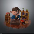 Child Sitting at Desk with Bookshelf Books and Potted Plants