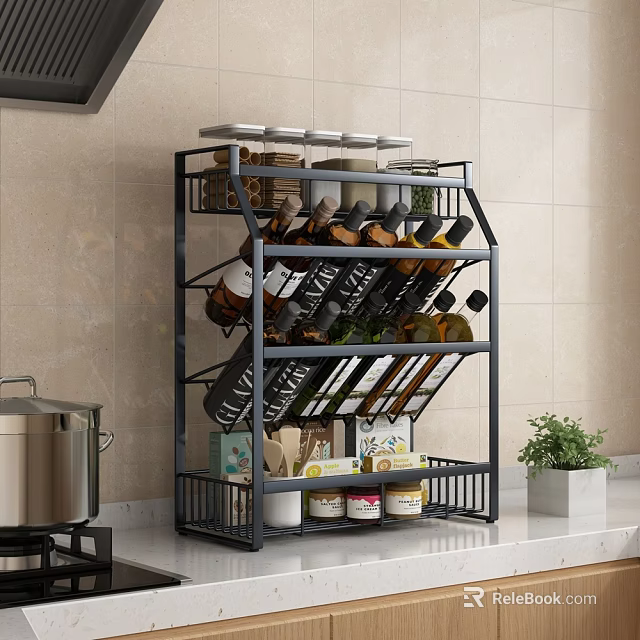 Black Metal Kitchen Storage Shelf with Spice Jars Wine Bottles and Cans 3d model 