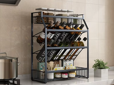 Black Metal Kitchen Storage Shelf with Spice Jars Wine Bottles and Cans 3d model