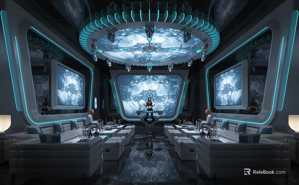 Modern KTV Interior Design With Futuristic Lighting Large Screens And Comfortable Sofas 3d model 