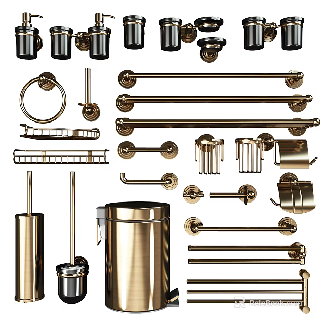 Elegant Brass Bathroom Accessories Set With Towel Bars Rings And Holders 3d model 