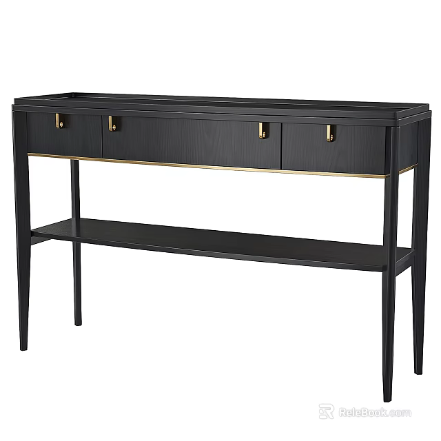 Elegant Modern Entryway Console Cabinet With Black Wooden Body Gold Handles Drawers And Lower Shelf 3d model 