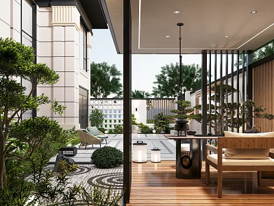 Modern Courtyard Garden Design With Wooden Deck Tables Chairs Green Trees Shrubs And Lanterns 3d model