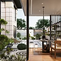 Modern Courtyard Garden Design With Wooden Deck Tables Chairs Green Trees Shrubs And Lanterns