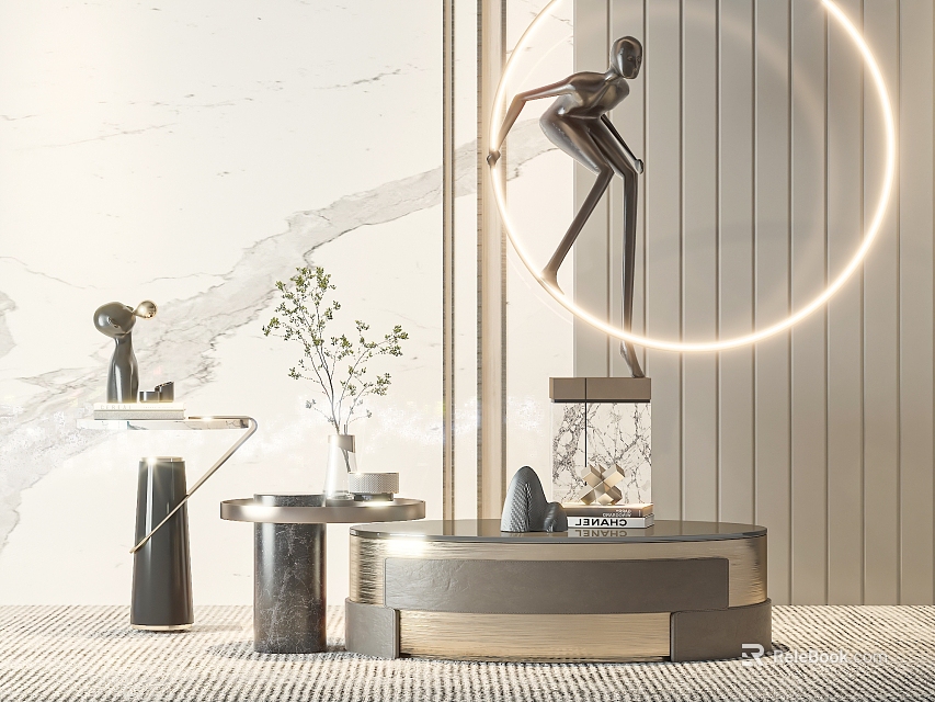 Modern Elegant Coffee Table Design With Sculpture Green Plant And Table Lamp 3d model 