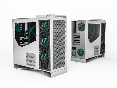 White Computer Case With Green Fans Mesh Front And Transparent Side Panel 3d model