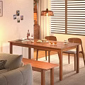 Wooden Dining Table Set with Chairs in Cozy Living Room Featuring Plates Wine Glass Bottle