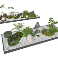 Indoor Landscape With Rectangular Trays Green Plants Stones Moss Small Lights Rock Formations And Trees